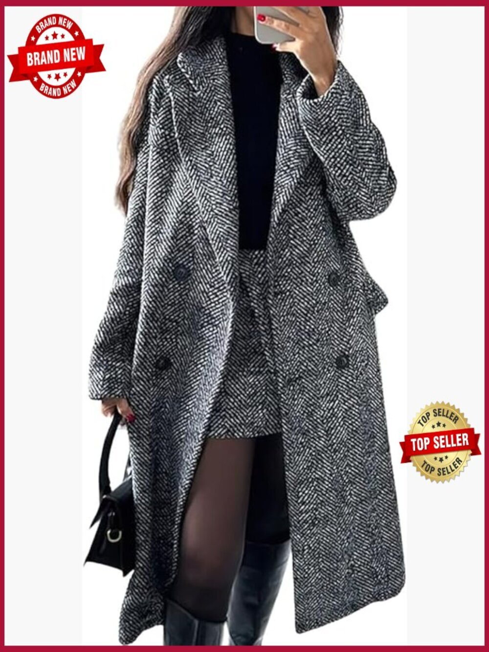 Women's Herringbone Wool Pea Coat Double Breasted Notch Collar Midi Long Trench